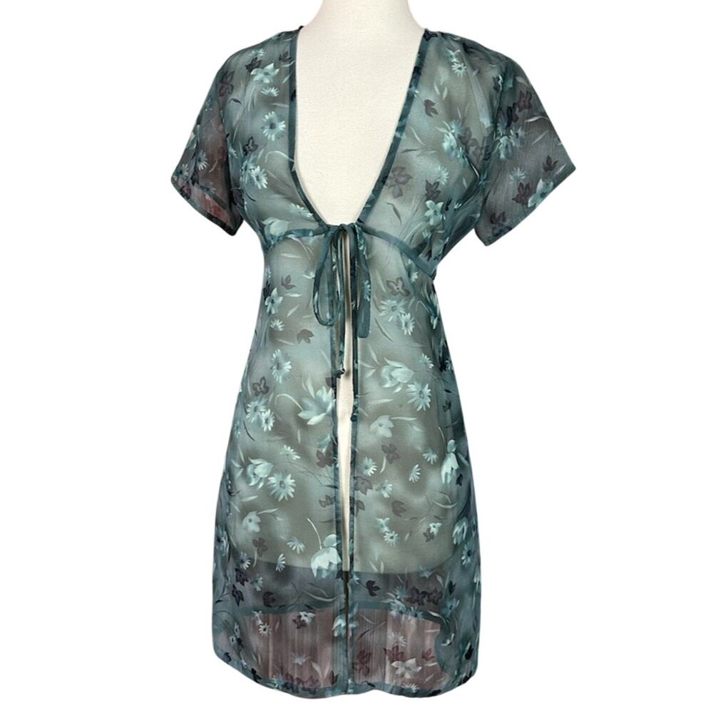 Lisa Jo Vintage Inspired Sheer Duster Tie Front Cardigan Floral Blue Teal Sz 7/8